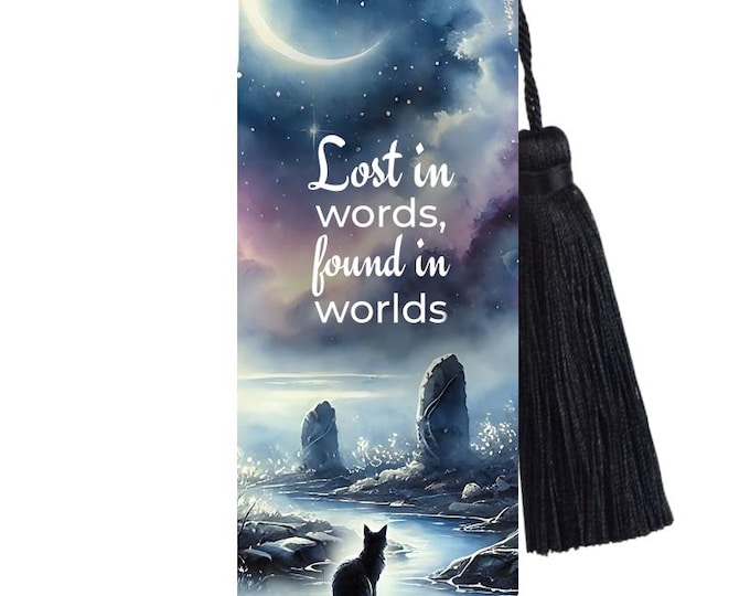 Large Metal Bookmark With Tassel - Moongazing River Cat,with Reader Quote