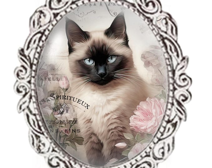 Silver Colour - Oval Glass Cabochon Brooch - Vintage Cat Design - Siamese Cat Brooch