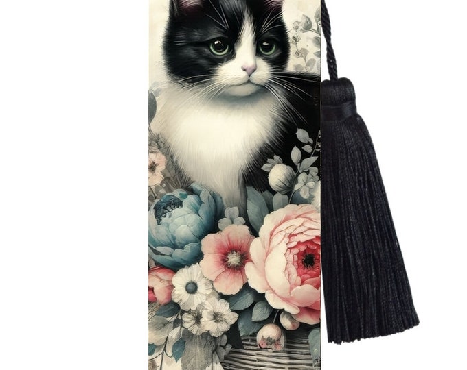 Large Metal Bookmark With Tassel - Vintage Cats - Vintage Tuxedo Black and White Cat