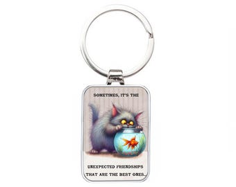 Silver Metal Keyring - Cat & Fish Bowl - Friendship Quote