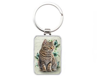 Silver Metal Keyring - Tabby Cat