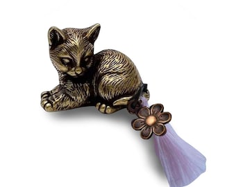 Brass Lucky Cat Charm with Tassel - Luna - Includes Bag & Card