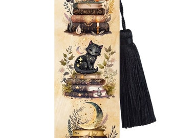 Large Metal Bookmark With Tassel - Black Cat & Books Bookmark - A Little Magic