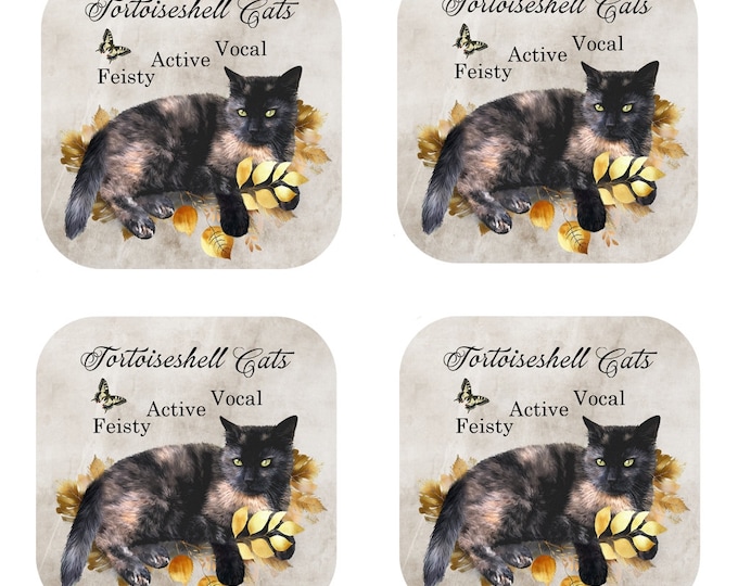 Set Of 4 - Cat Breed Coasters - Cork Backed Coasters - The Tortie Cat - Tortoiseshell Cat