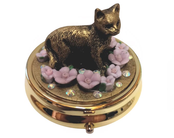 Hand Painted Cat & Lilac Flowers - Gold Colour Metal Pill Box - Cat Trinket Box