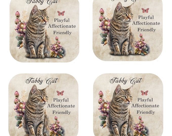 Set Of 4 - Cat Breed Coasters - Cork Backed Coasters - The Tabby Cat