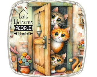 Cat Magnet - Chrome Finish Large Magnet - Peeking Cats - Cats Welcome People Tolerated
