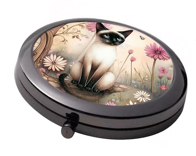 Black cat Mirror - Smoke Black - Large Double Compact Mirror -  Whimsical Siamese Cat