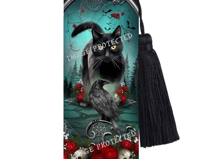 Large Metal Bookmark With Tassel - Familiar Protection - Black Cat, Raven & Skull Bookmark