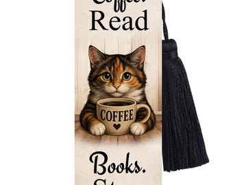 Large Metal Bookmark With Tassel - Cats and Coffee