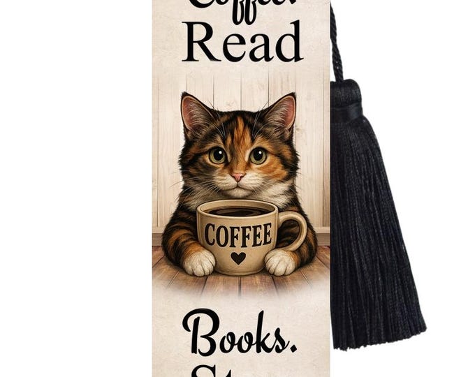 Large Metal Bookmark With Tassel - Cats and Coffee