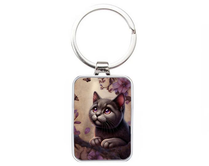 Silver Metal Keyring - Courage the Kitten - Kitten & Purple Flowers Cat Keyring