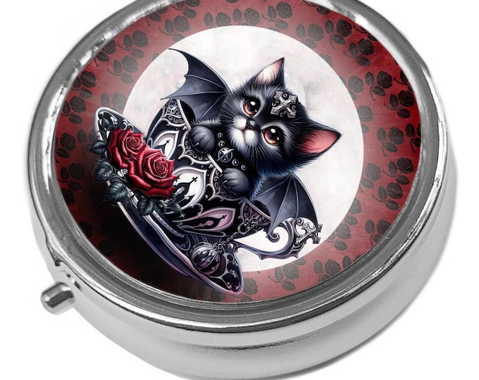 Gothic Kitten In Tea Cup - Metal Pill Box - Cat Trinket Box