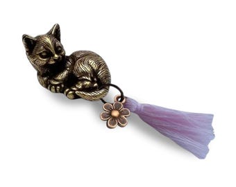 Brass Lucky Cat Charm with Tassel - Includes Bag & Card