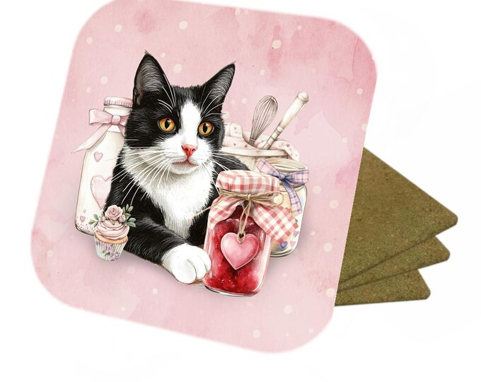 Set Of 4 - Cat Coasters - Cork Backed Coasters - The Tuxedo Cat - Black and White Cat