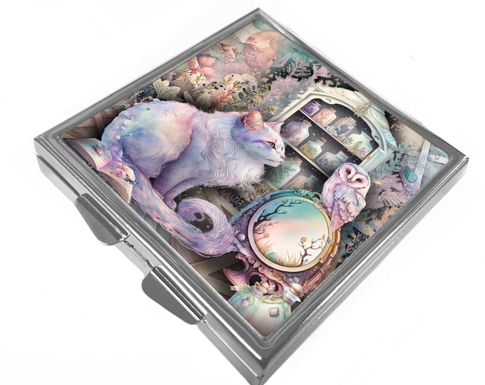 Square Pill/Trinket Box - White Cat & Owl - Dreamscape
