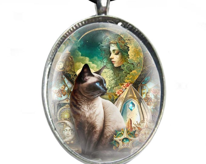 Cat Glass Cabochon Necklace - Silver Plated Tray & Leather Cord Necklace - Siamese Cat and Moon Goddess