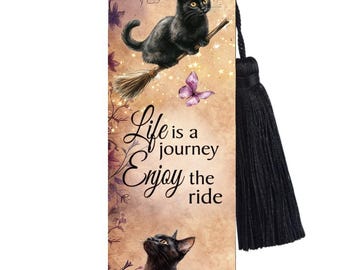 Large Metal Bookmark With Tassel -Cat Bookmark - Life is A Journey Enjoy The Ride