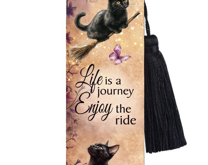 Large Metal Bookmark With Tassel -Cat Bookmark - Life is A Journey Enjoy The Ride