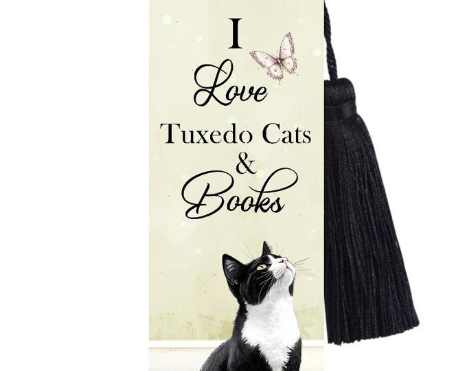 Large Metal Bookmark With Tassel - I Love Tuxedo Cats and Books