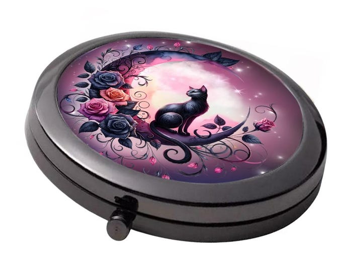 Black Cat, Purple Moon - Smoke Black - Large Double Compact Mirror