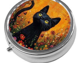 Black Cat Among The Flowers Pill Box: Floral Trinket Keeper