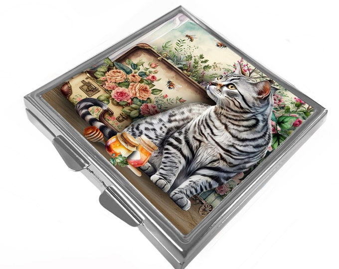 Square Pill/Trinket Box - Silver Tabby Cat - Sacha