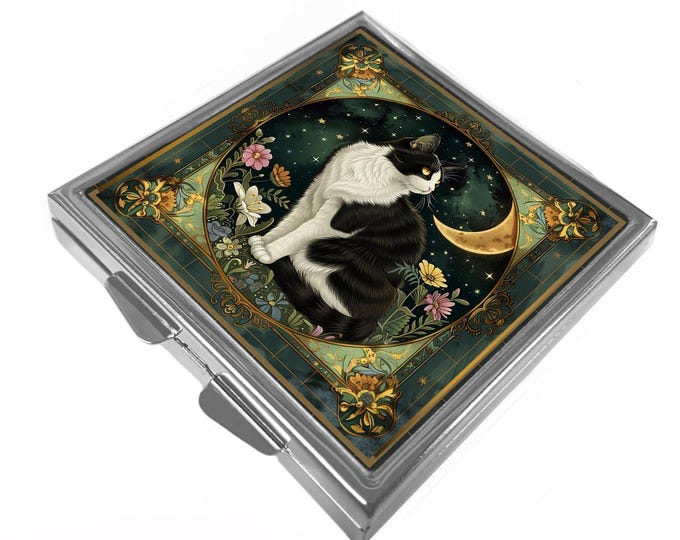 Square Pill/Trinket Box - Black and White Cat & Moon