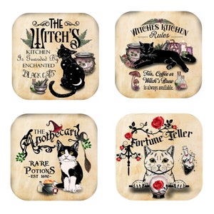 Set Of 4 - Witches Cats Cork Backed Coasters (Witches Kitchen, Fortune Teller, Apocethary, Enchanted Black Cats)