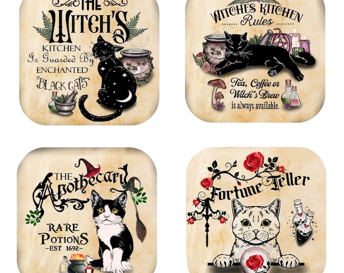 Set Of 4 - Witches Cats Cork Backed Coasters (Witches Kitchen, Fortune Teller, Apocethary, Enchanted Black Cats)