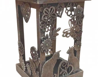 Wooden Lantern Style Plant Holder- Cat Planter