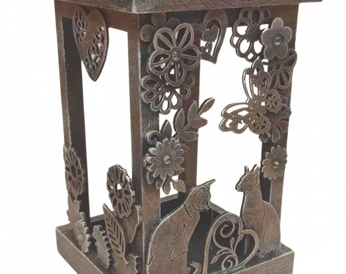 Wooden Lantern Style Plant Holder- Cat Planter