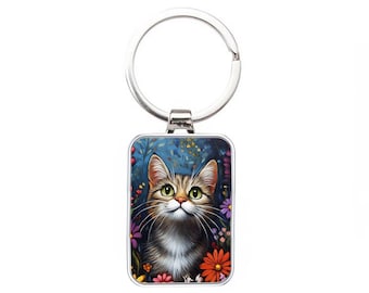 Silver Metal Cat Keyring - Tabby Cat In The Flowers