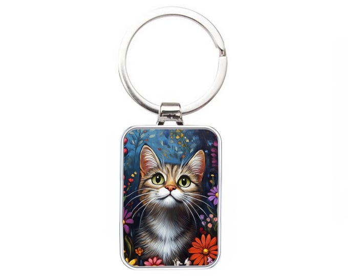 Silver Metal Cat Keyring - Tabby Cat In The Flowers