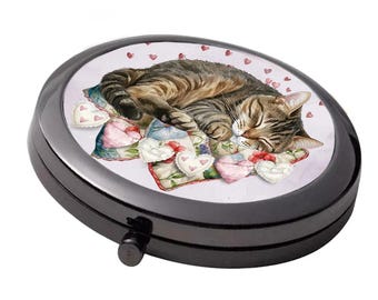 Tabby Cat Mirror - Smoke Black - Large Double Compact Mirror -  Cottagecore, shabby Chic Tabby Cat