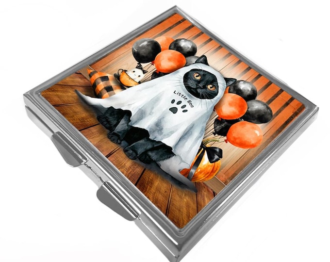 Square Pill/Trinket Box - Black Cat Dressed As A Ghost - Little Boo