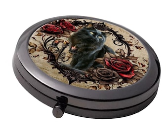 Black Cat in Rose Frame & Candles - Smoke Black - Large Double Compact Mirror