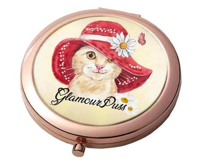 Glamour Puss - Cat in Hat - Rose Gold - Large Double Compact Mirror