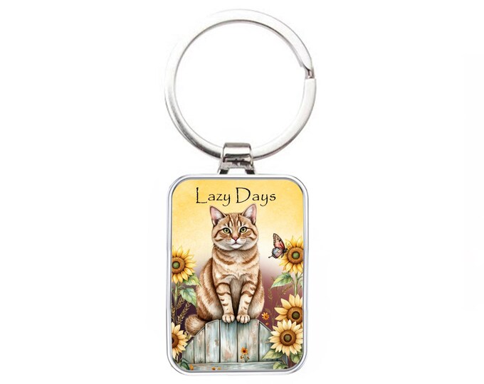Silver Metal Keyring - Ginger Cat Lazy Days