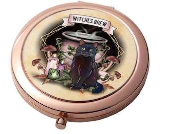Witches Brew - Cat and Cauldron - Rose Gold - Large Double Compact Mirror