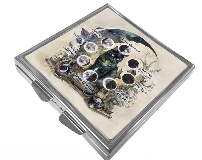 Square Pill/Trinket Box - Moon Magic - Black Cat/Moon Phases