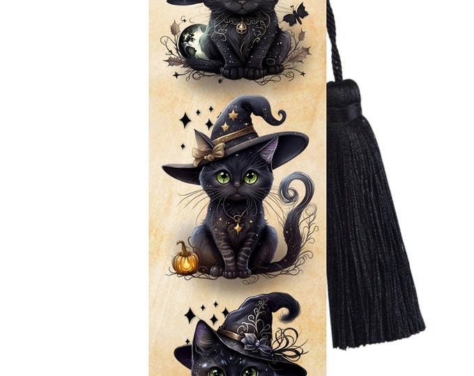 Large Metal Bookmark With Tassel - Little Witches Cats