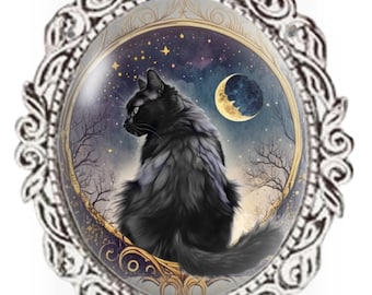 Silver Colour - Oval Glass Cabochon Brooch - Black Catand Celestial Moon - Cat Brooch