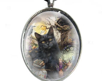 Cat Glass Cabochon Necklace - Silver Plated Tray & Leather Cord Necklace - The Herbalist - Black Cat - Magical Cat