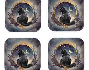Set Of 4 - Cat Coasters - Cork Backed Coasters - Black Cat & Moon