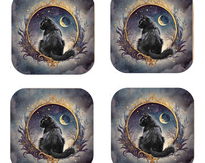 Set Of 4 - Cat Coasters - Cork Backed Coasters - Black Cat & Moon