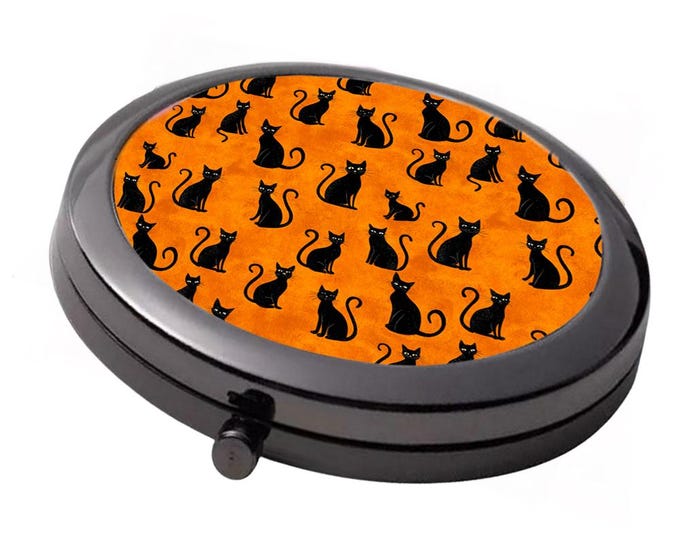Black Cat Pattern Compact Mirror – Orange Halloween Design, 7cm