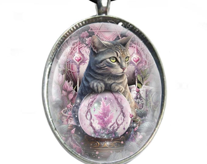 Cat Glass Cabochon Necklace - Silver Plated Tray & Leather Cord Necklace - Tabby Cat and Crystal Ball