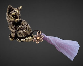 Brass Lucky Charm Cat - Casper - Brass Cat, Charm & Tassel - With Bag and Card