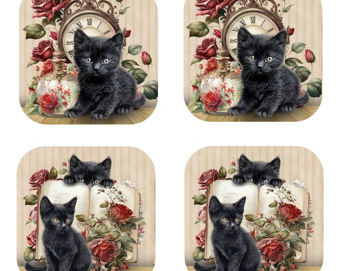 Set Of 4 - Cat Coasters - Cork Backed Coasters - Black Kittens & Victorian Roses